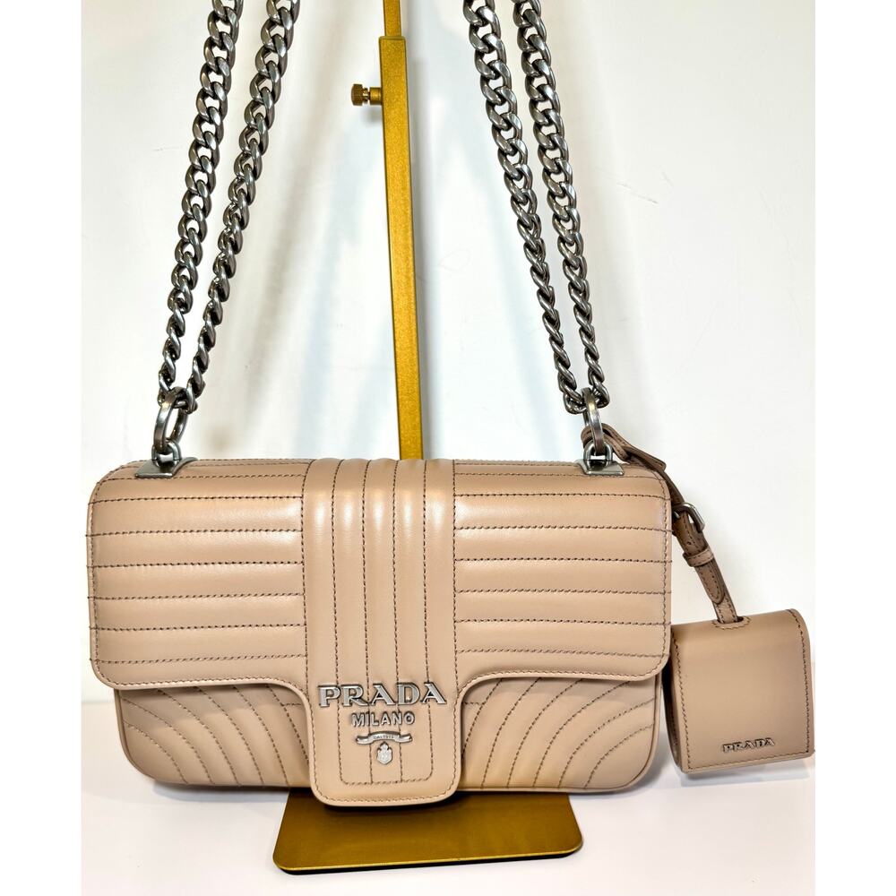 Prada Diagramme Medium Quilted Flap Bag In Tan Calfskin Leather W Silver Chain - Picture 3 of 16